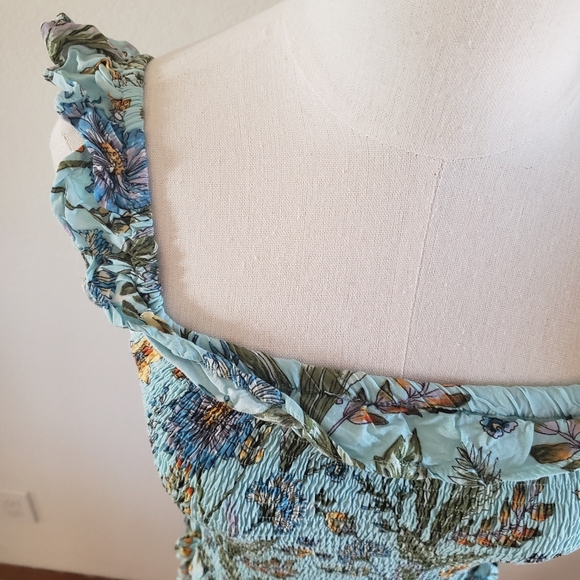 Anthropologie Abel the Label Floral‎ Blue Maxi Dress Shirred top Tiered Skirt M - Picture 3 of 9